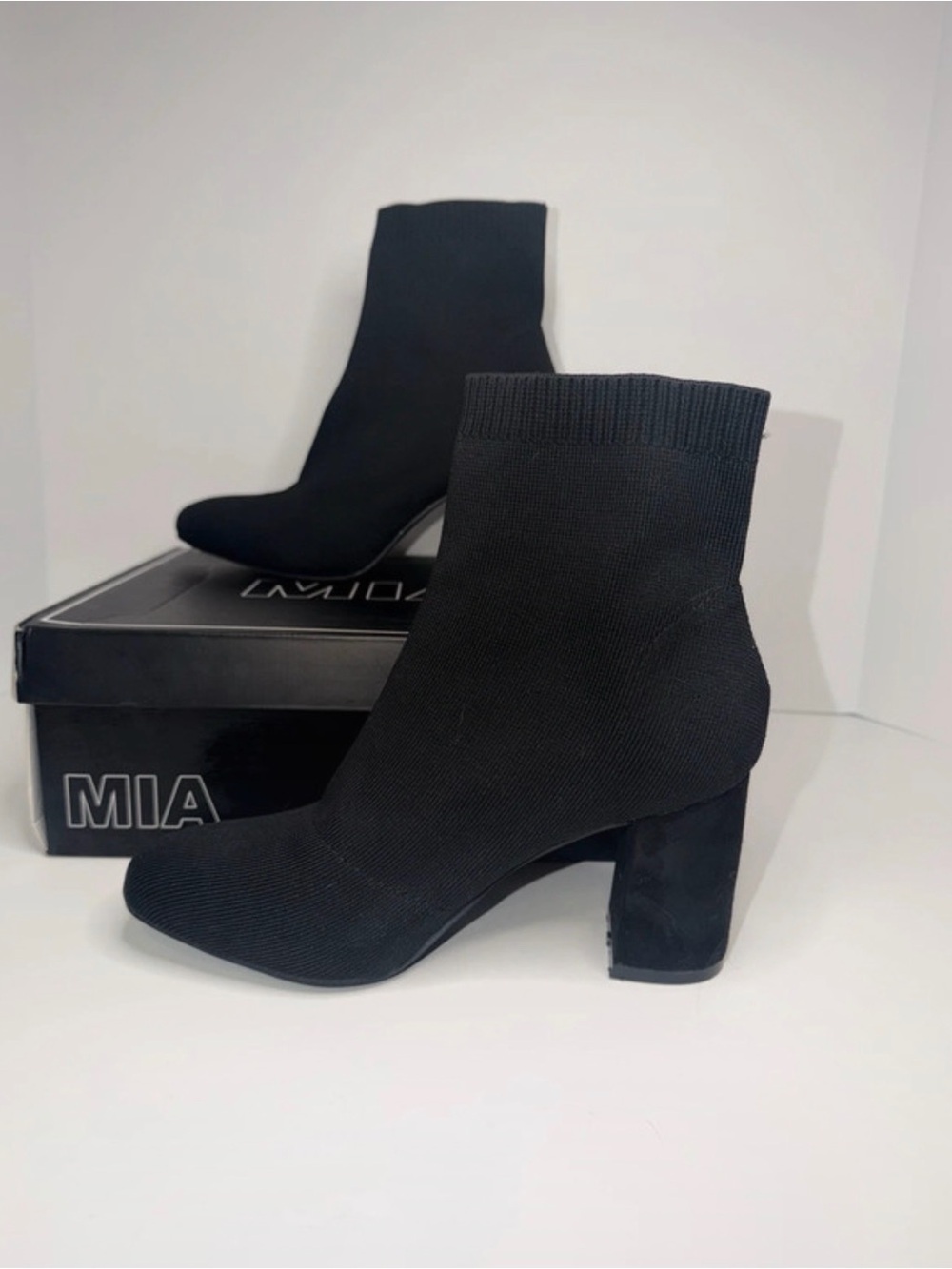 MIA Black Knit Sock Ankle Boot with Block Heel